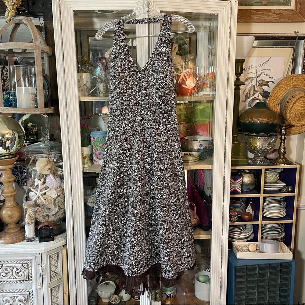 Vintage 1990’s AGB brown & white floral lace skirt halter sundress 12 cottage